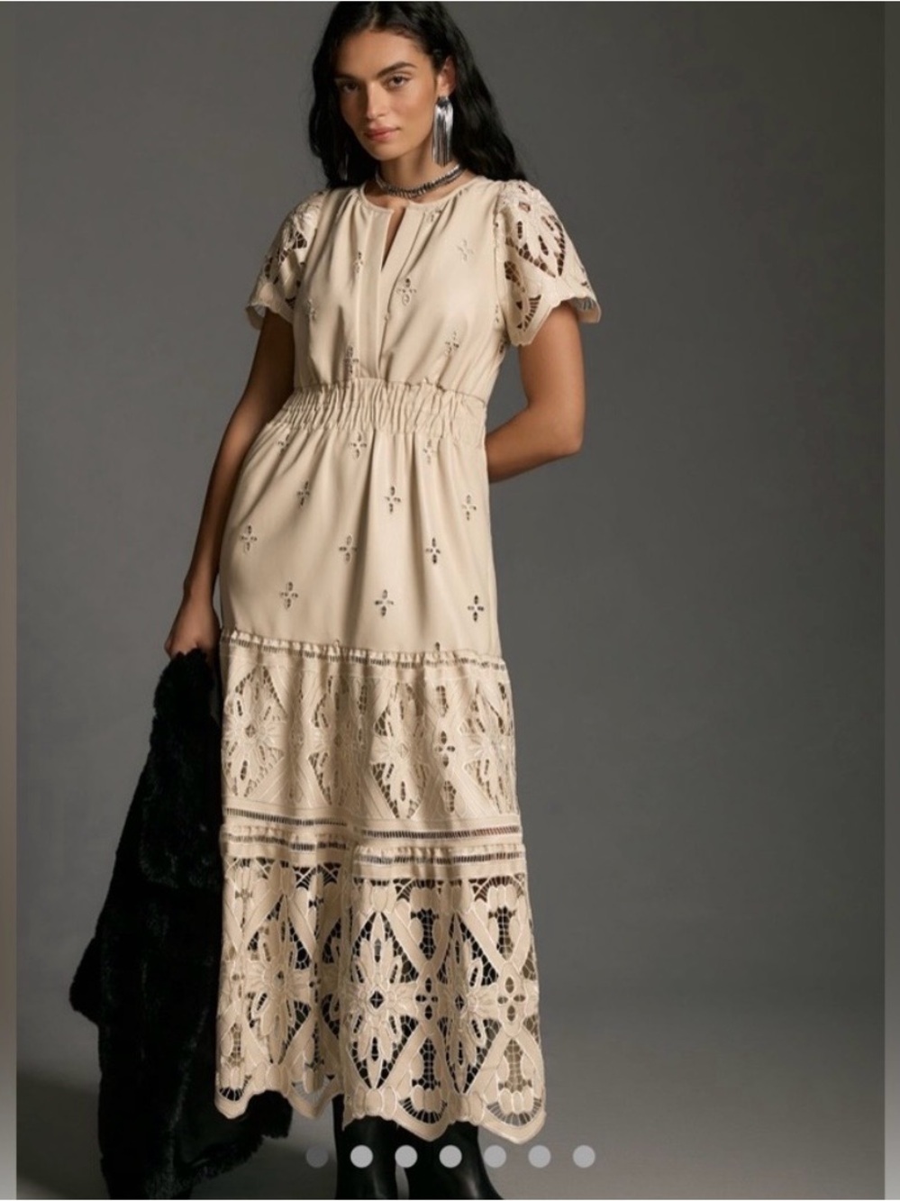 Cream Eyelet & Lace Maxi Dress with Smocked Waist